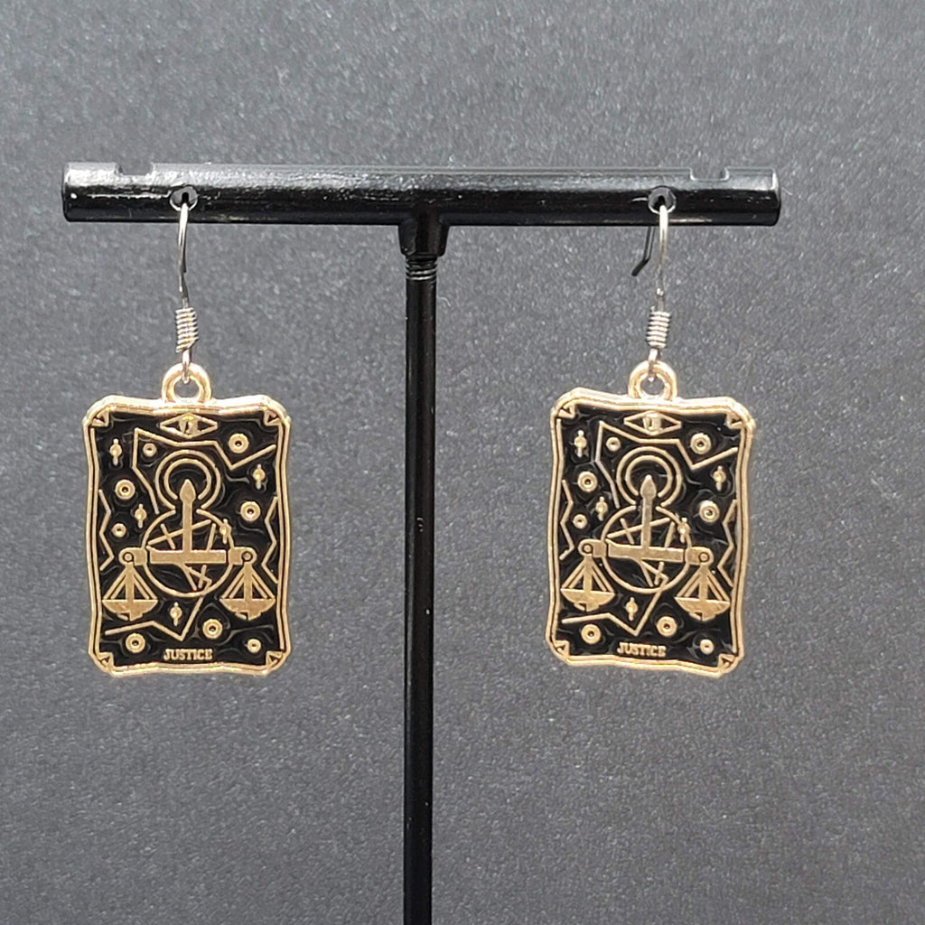 Tarot Card Pierced Earrings JUSTICE Scales Gold tone Black 1"