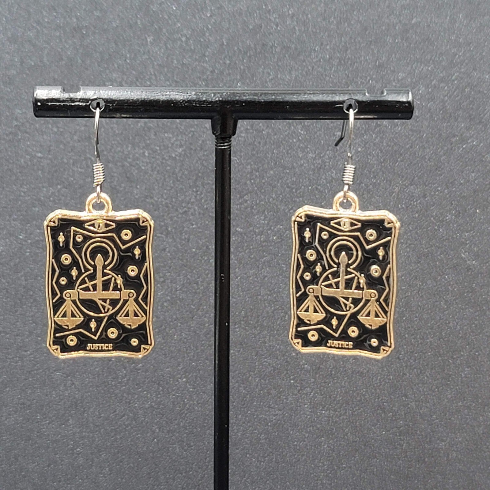 Tarot Card Pierced Earrings JUSTICE Scales Gold tone Black 1"