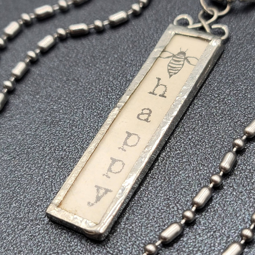 Artisan BEE HAPPY BUMBLE BEE Pendant Necklace Silver tone Chain 22"