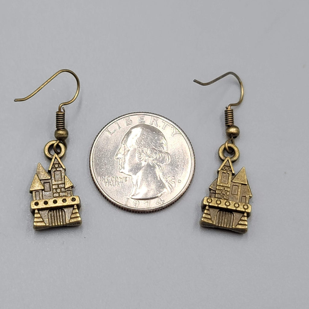 Castle House Pierced Earrings Bronze tone Embossed Dangle New 7/8"
