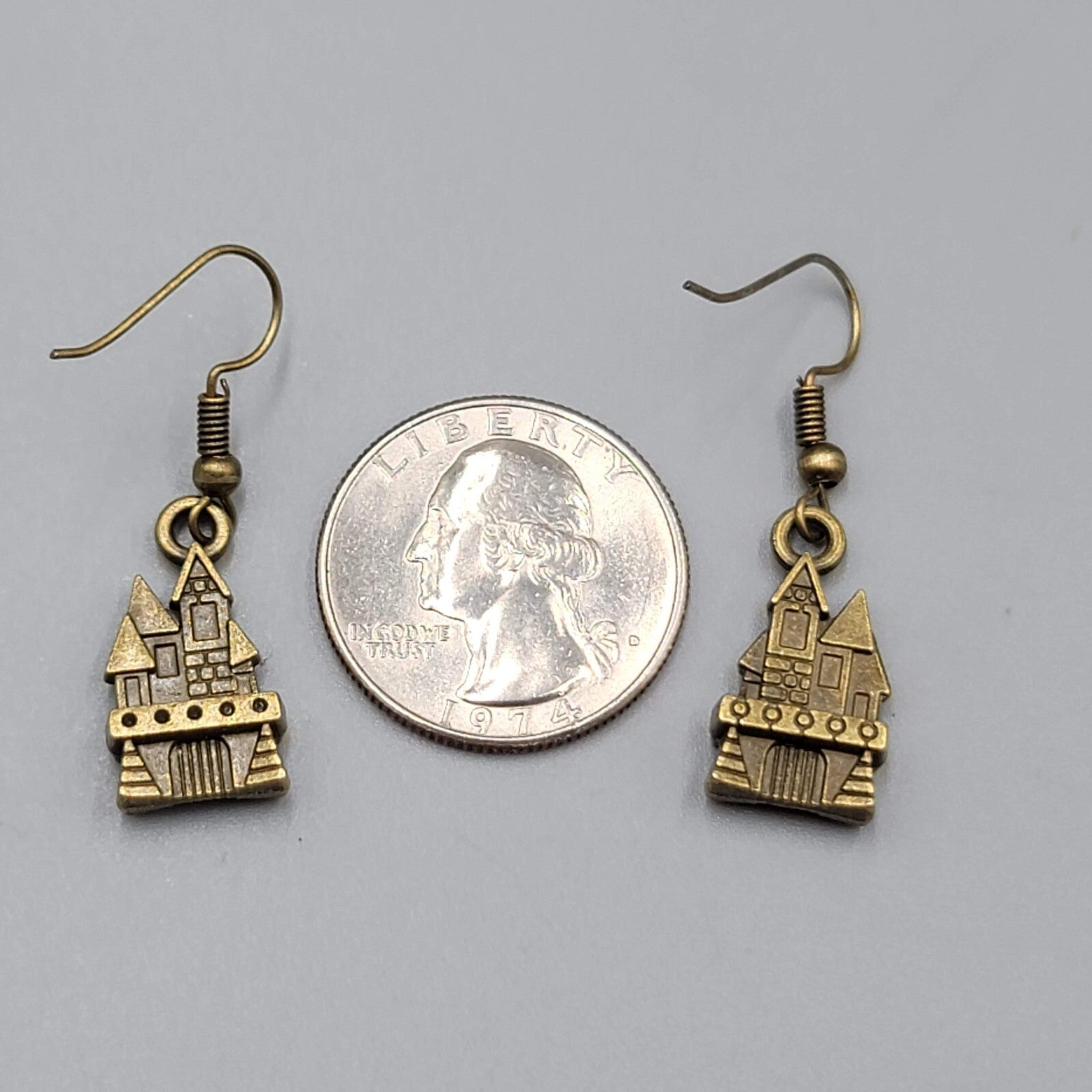 Castle House Pierced Earrings Bronze tone Embossed Dangle New 7/8"