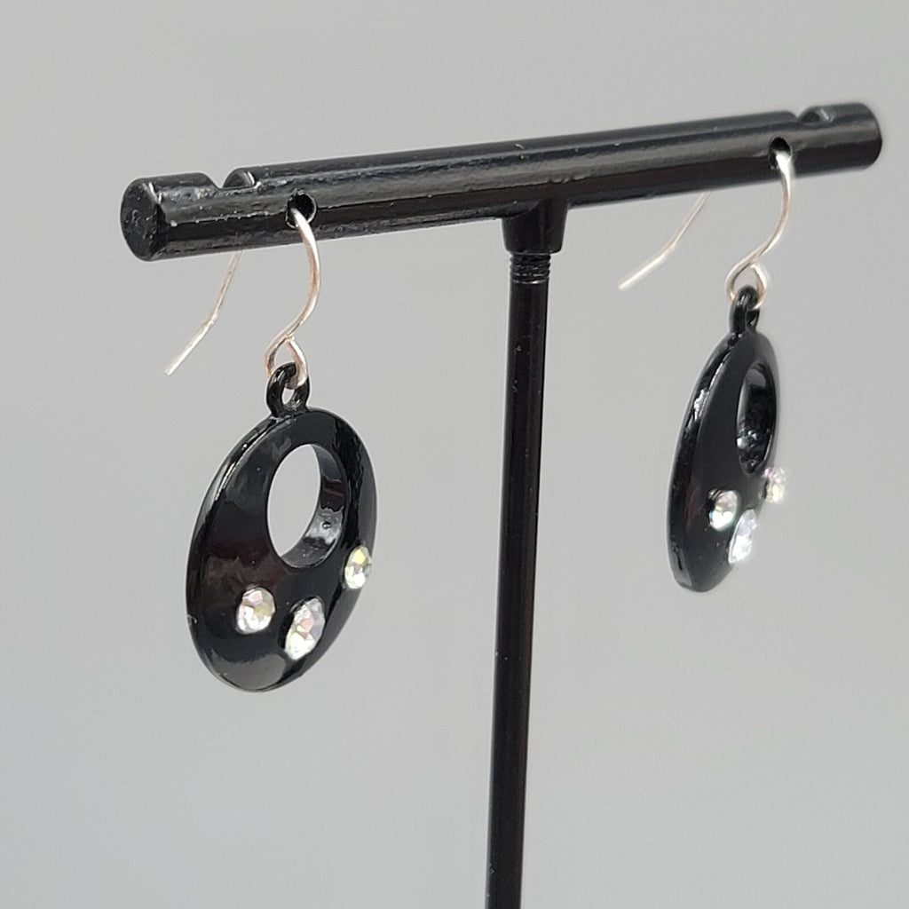 Pierced Earrings Black Enamel AB Rhinestone Silver tone Dangle 7/8"