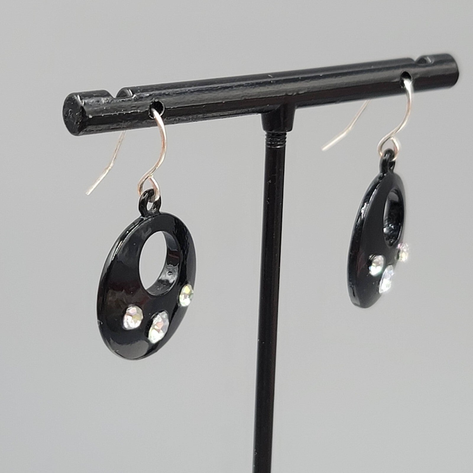 Pierced Earrings Black Enamel AB Rhinestone Silver tone Dangle 7/8"