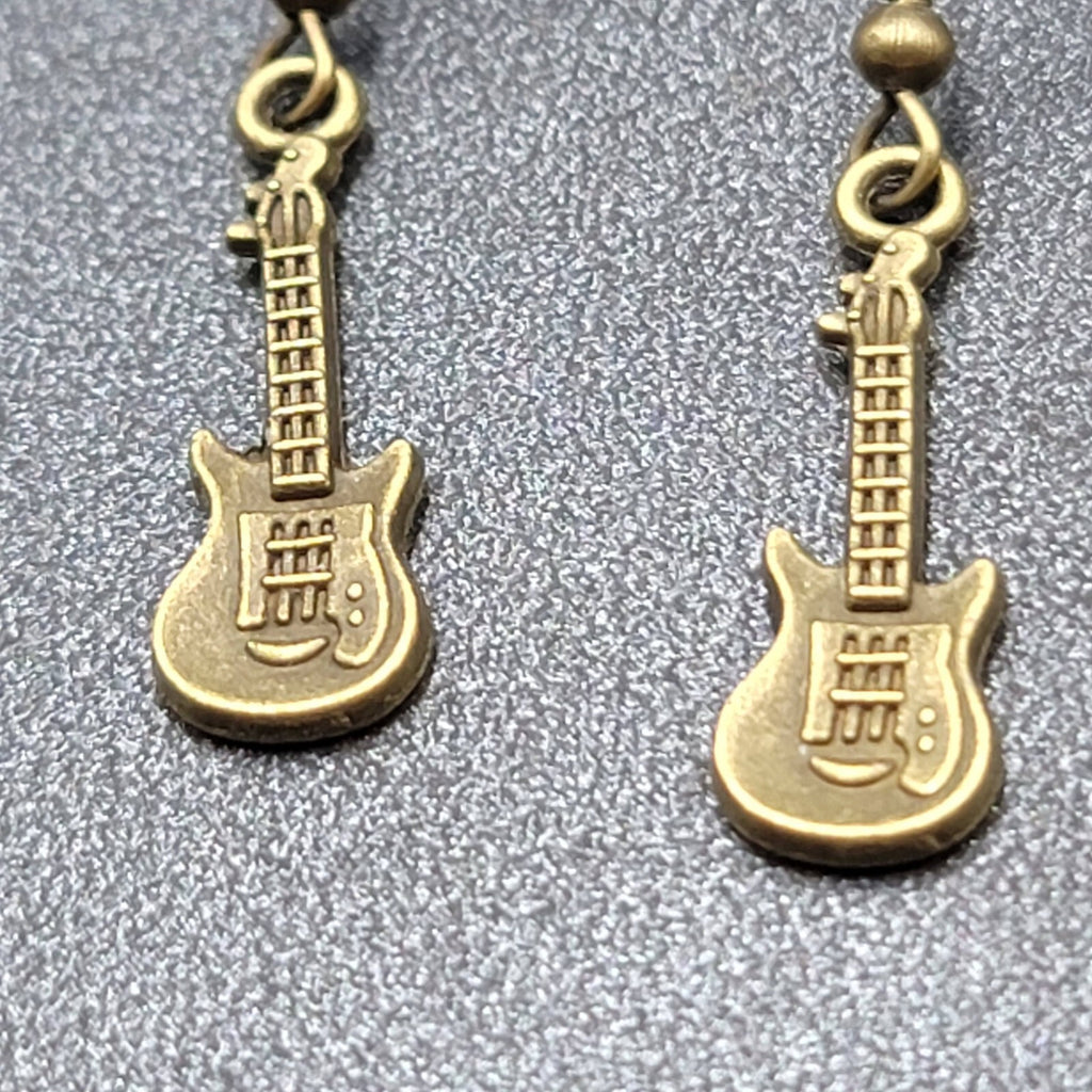 Electric Guitar Pierced Earrings Bronze tone Embossed Dangle 1"
