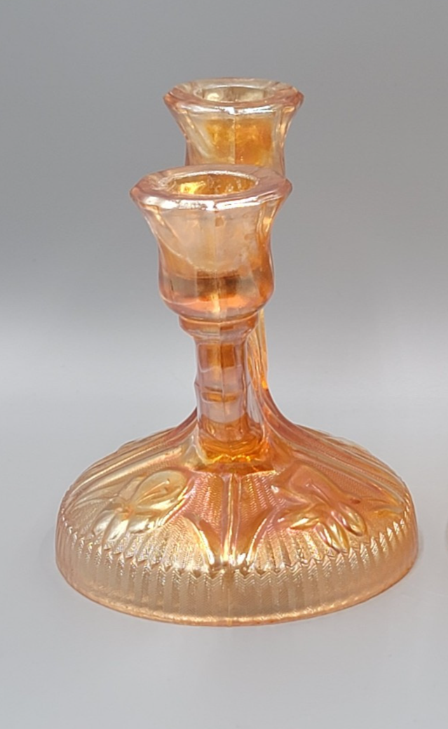 Jeanette Carnival Glass Double Candle Holder Marigold Iridescent Glass