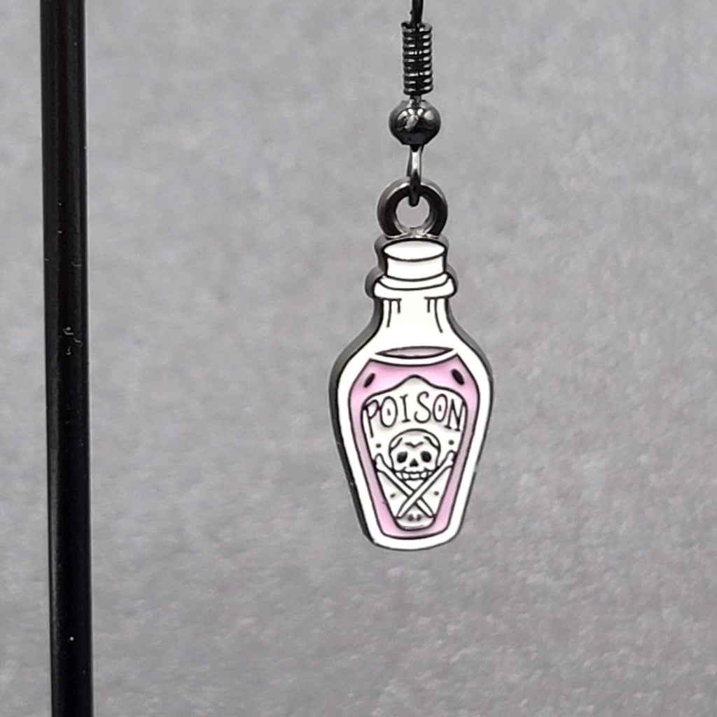 Poison Pierced Earrings Purple Black White Enamel Dangle 7/8" 