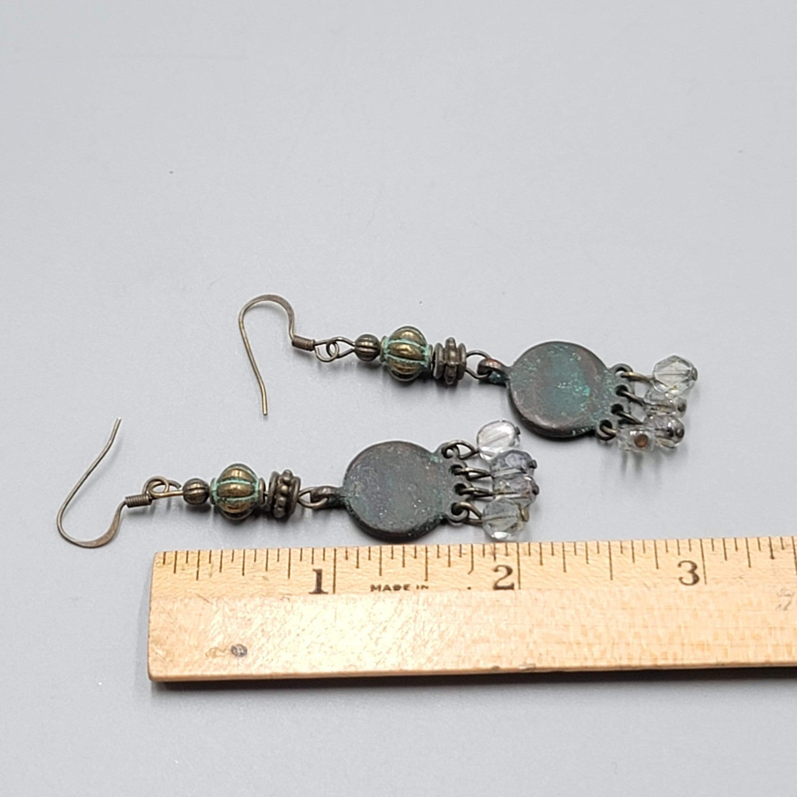Green Bronze tone Chandelier Dangle Pierced Earrings 2"