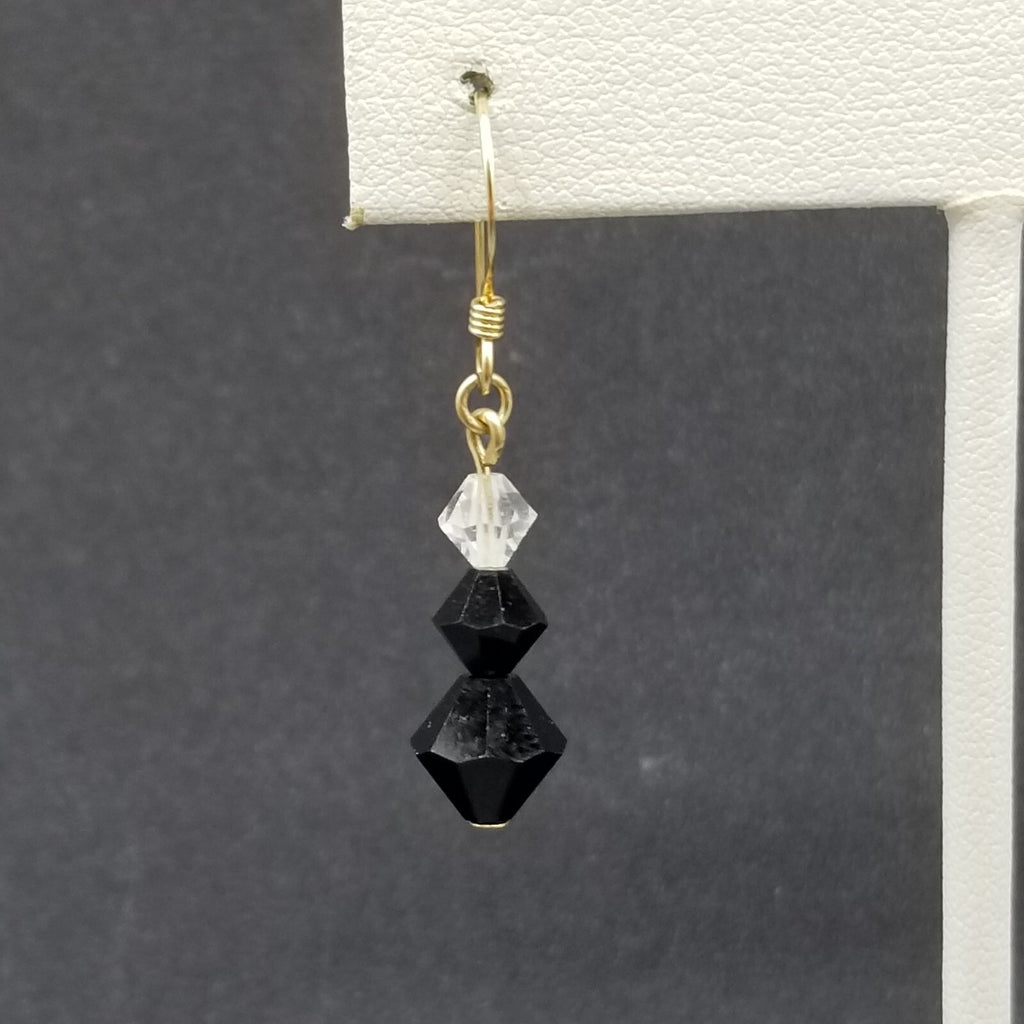 Pierced Earrings Gold tone Black Faceted Crystal Beaded Dangle 3/4"