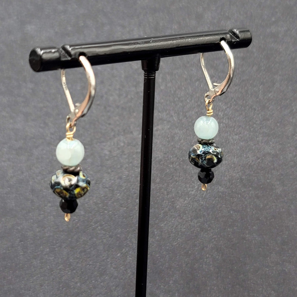 Pierced Earrings Silver tone Blue Stone Bead Dangle 3/4"