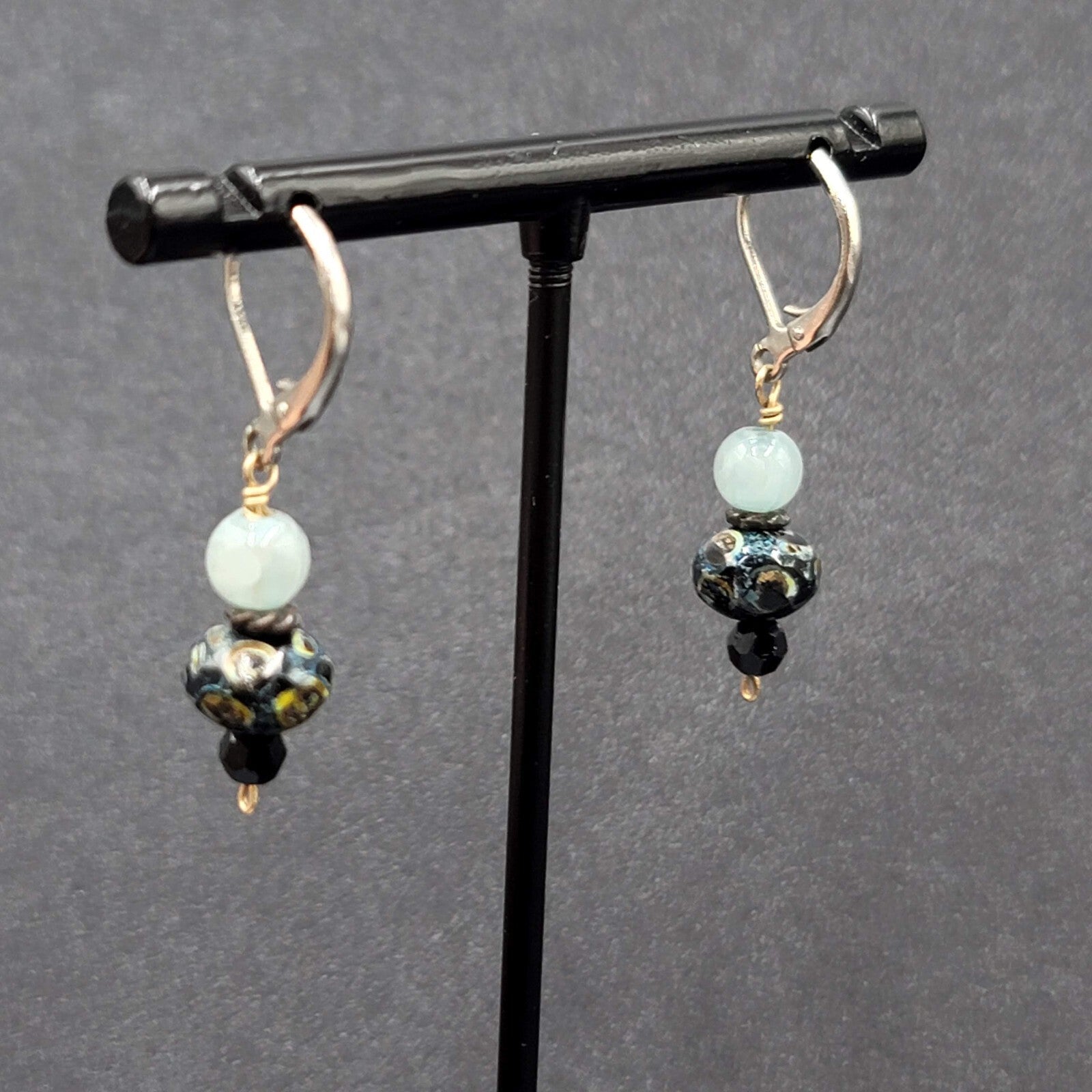Pierced Earrings Silver tone Blue Stone Bead Dangle 3/4"