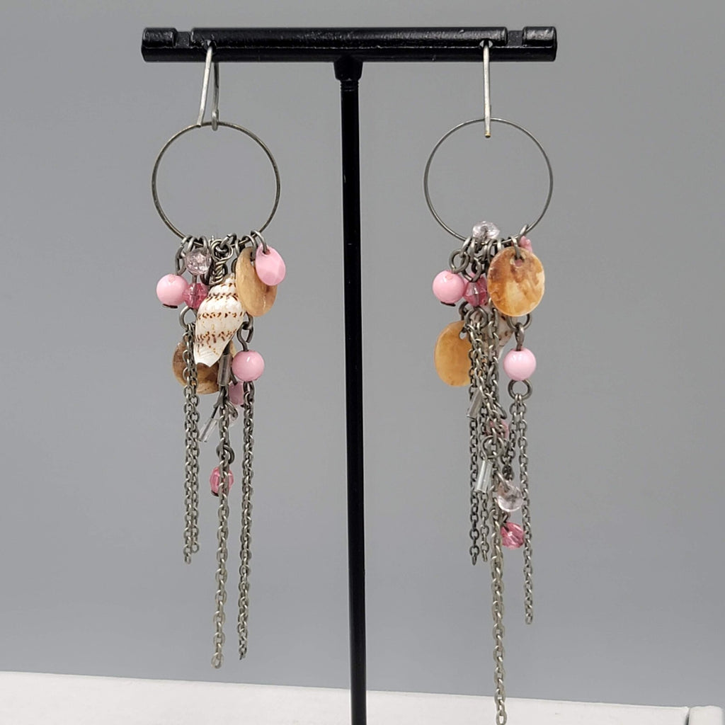 Pink Bead Seashell Pierced Earrings Silver tone Long Dangle Chains 3.25"