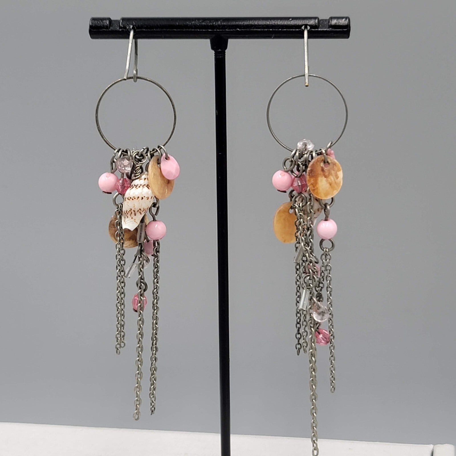 Pink Bead Seashell Pierced Earrings Silver tone Long Dangle Chains 3.25"