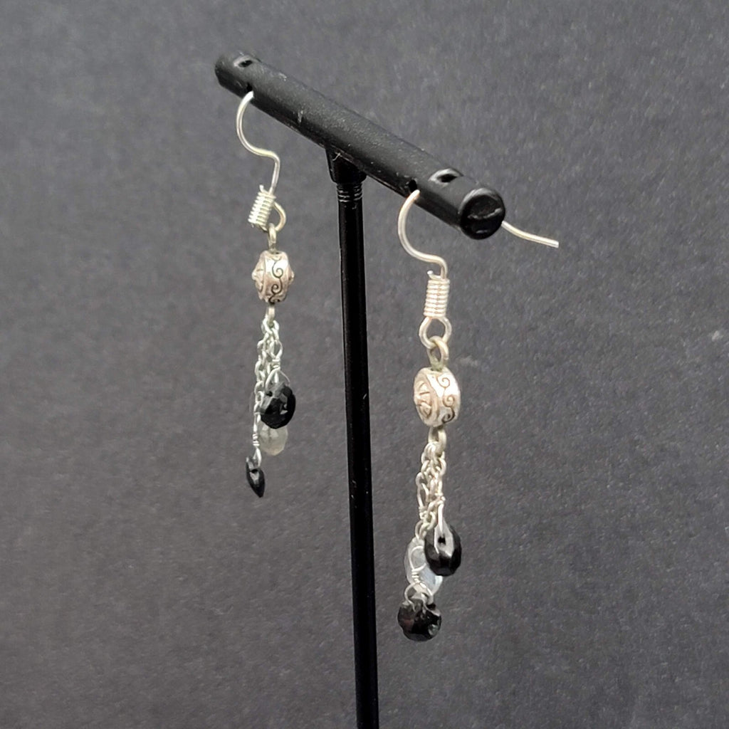 Pierced Earrings Silver tone Black Gray Stones on Dangle Chains 1.25"