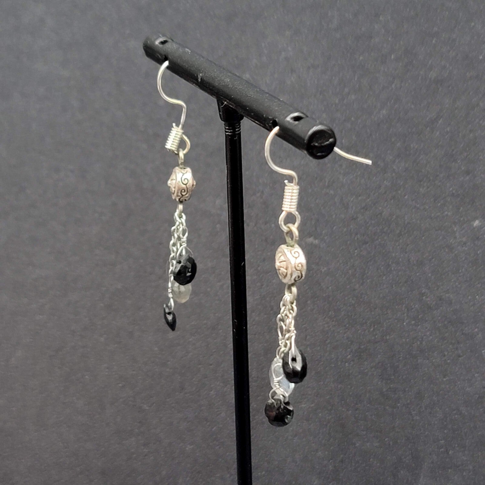 Pierced Earrings Silver tone Black Gray Stones on Dangle Chains 1.25"