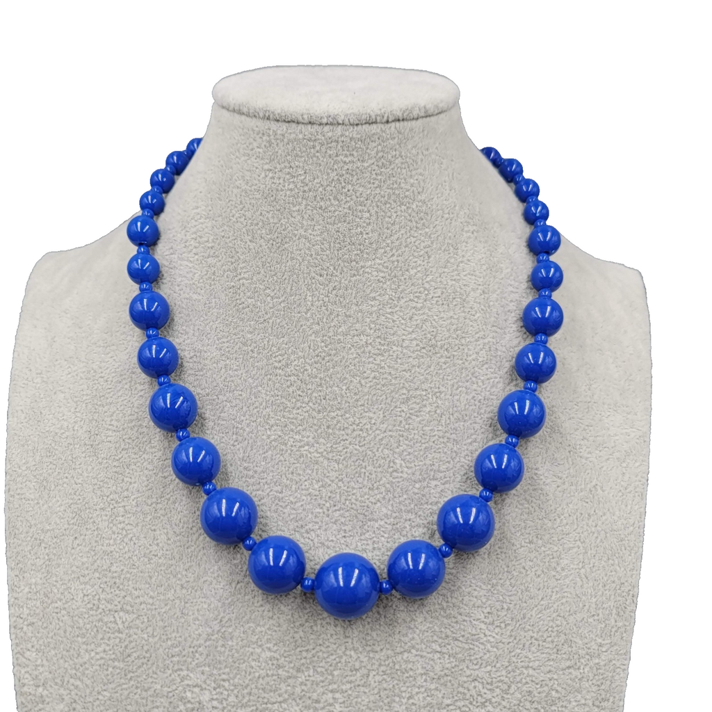 Graduated Navy Blue Bead Necklace Silver tone 18"-20"
