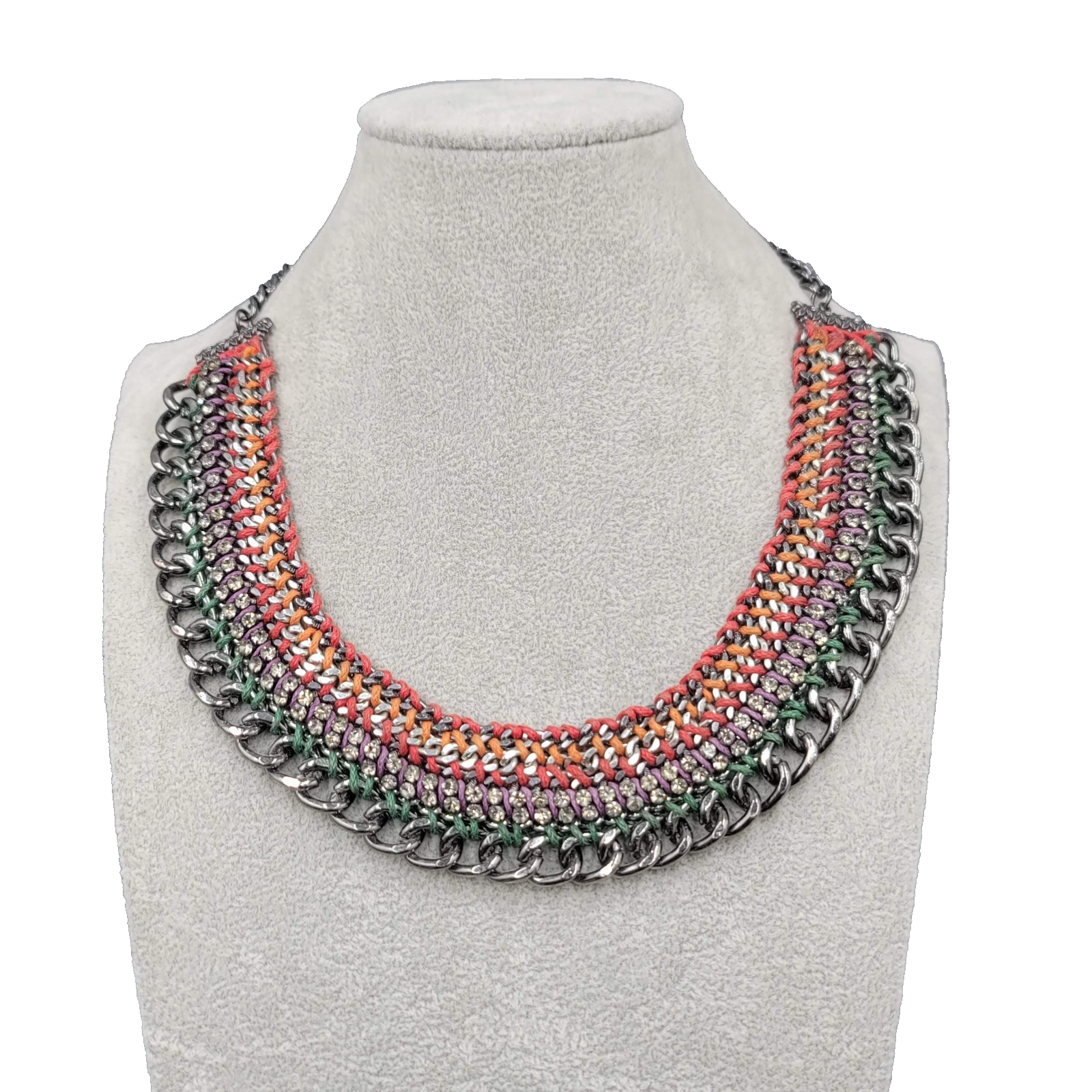 Chain Bib Necklace Rhinestone Red Orange Purple Green 16"-18"