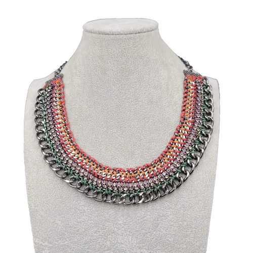 Chain Bib Necklace Rhinestone Red Orange Purple Green 16"-18"