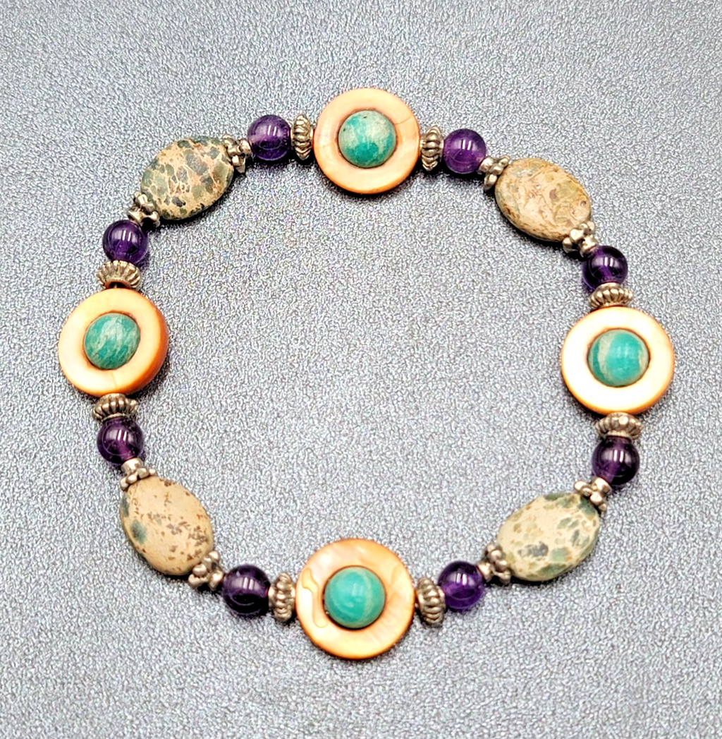 Multi Gemstone Beaded Bracelet Jasper Amethyst Shell Elastic 8.5"
