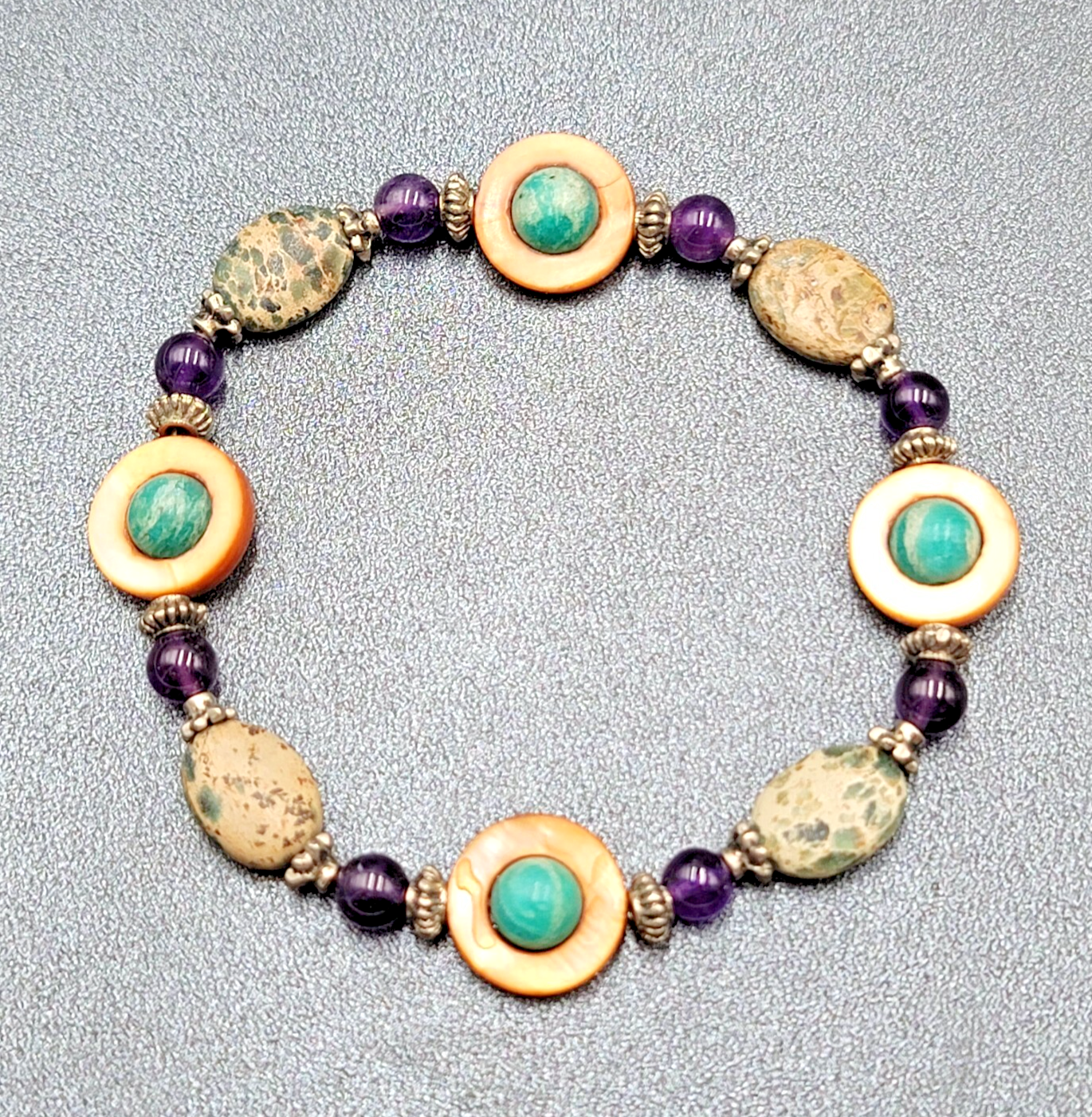 Multi Gemstone Beaded Bracelet Jasper Amethyst Shell Elastic 8.5"
