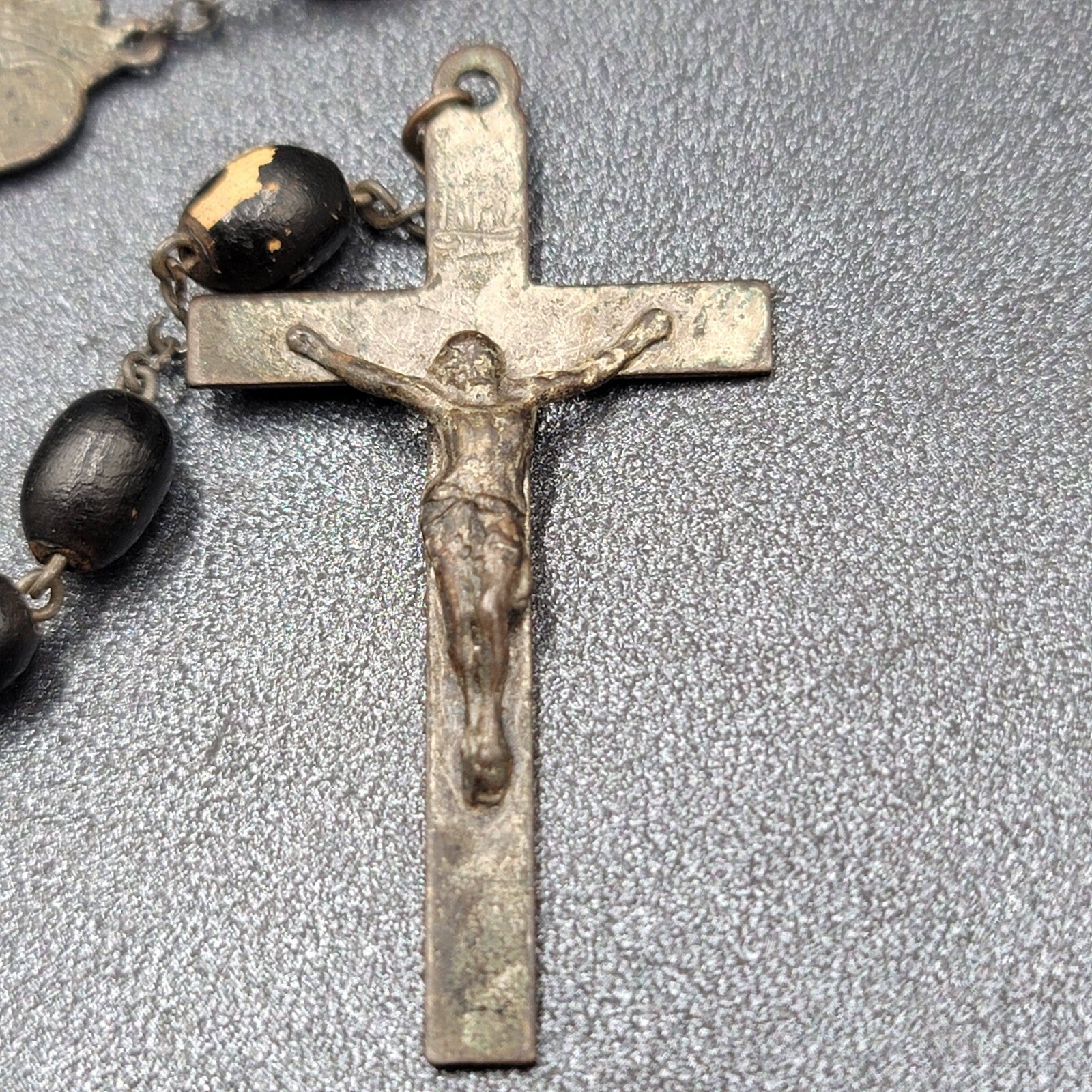 Vintage Black Seed Beaded Rosary Silver tone Well-Loved