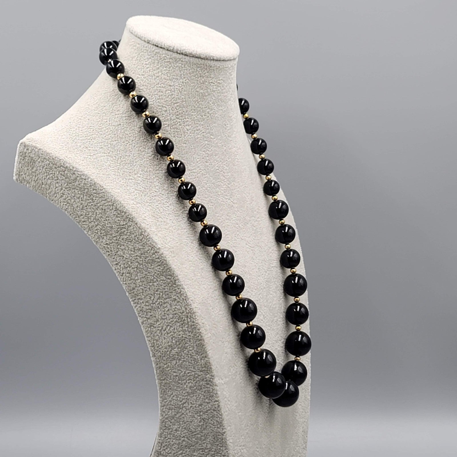 Vintage Hidden Clasp Necklace Graduated Black Bead Gold tone Spacers 24"