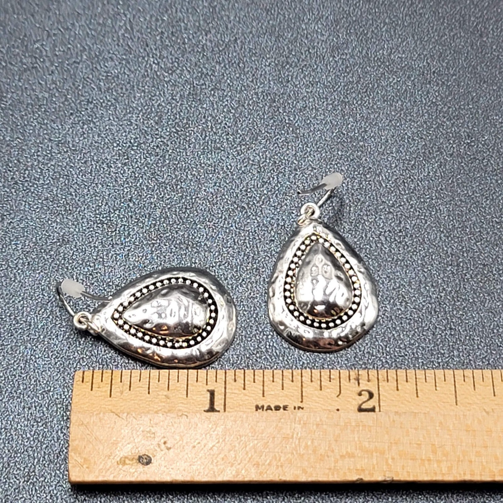 Pierced Earrings Silver Plated Hammered Metal Teardrop Dangle 1"