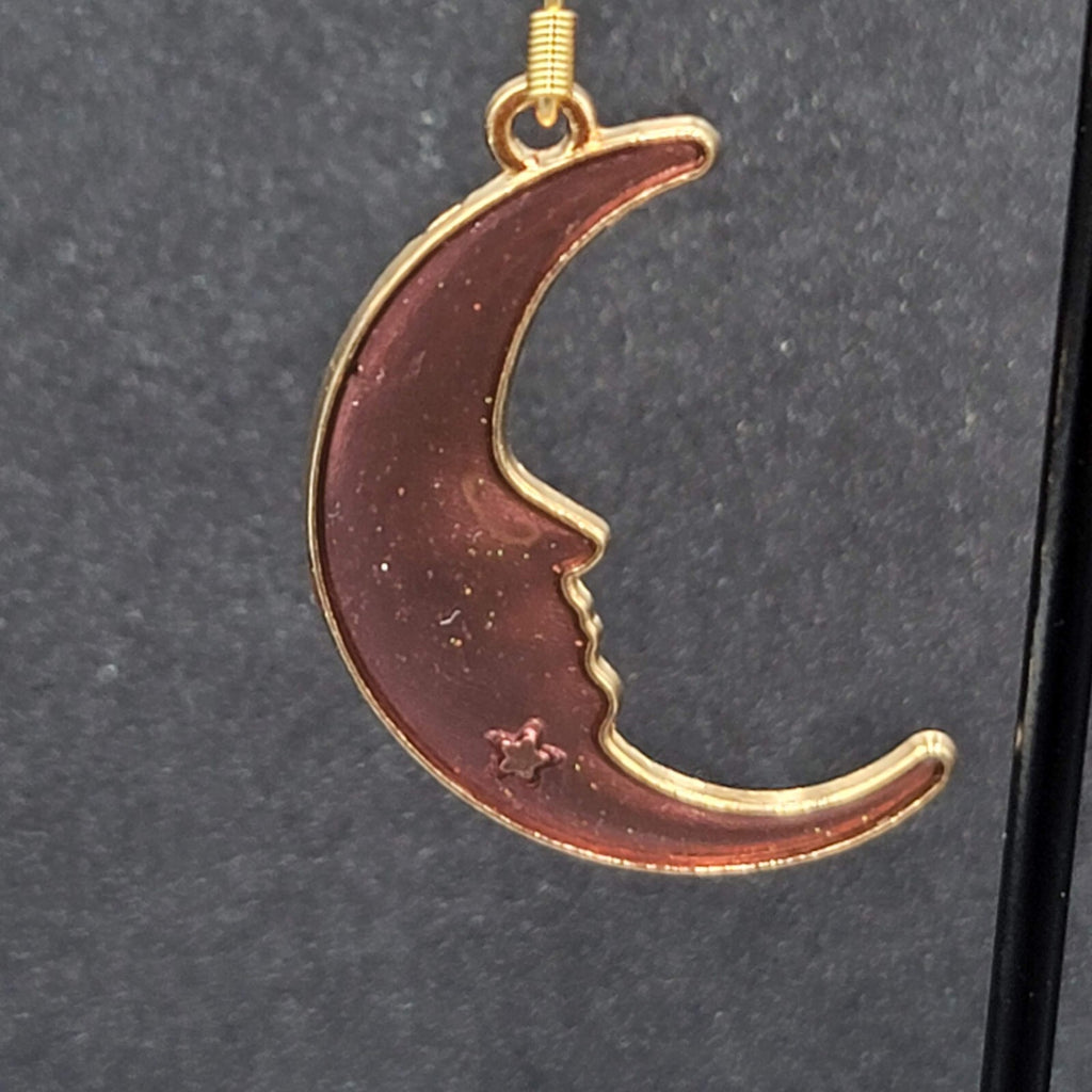 New Moon Pierced Earrings Gold tone Purple Enamel Dangle 1.25"