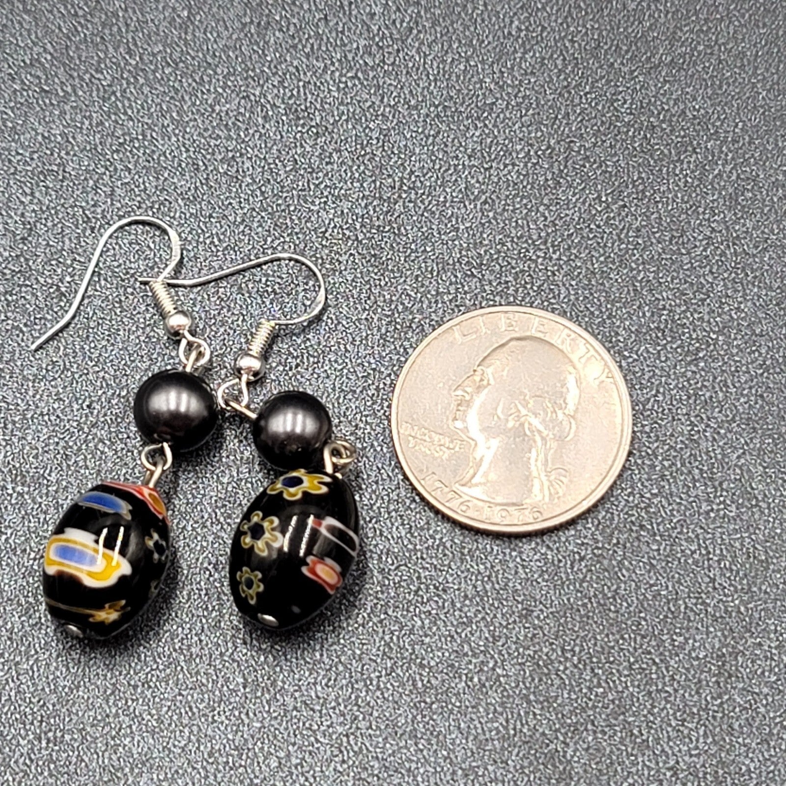 Pierced Earrings Sterling Silver Hooks Black Flower Art Glass Beads 1.25"