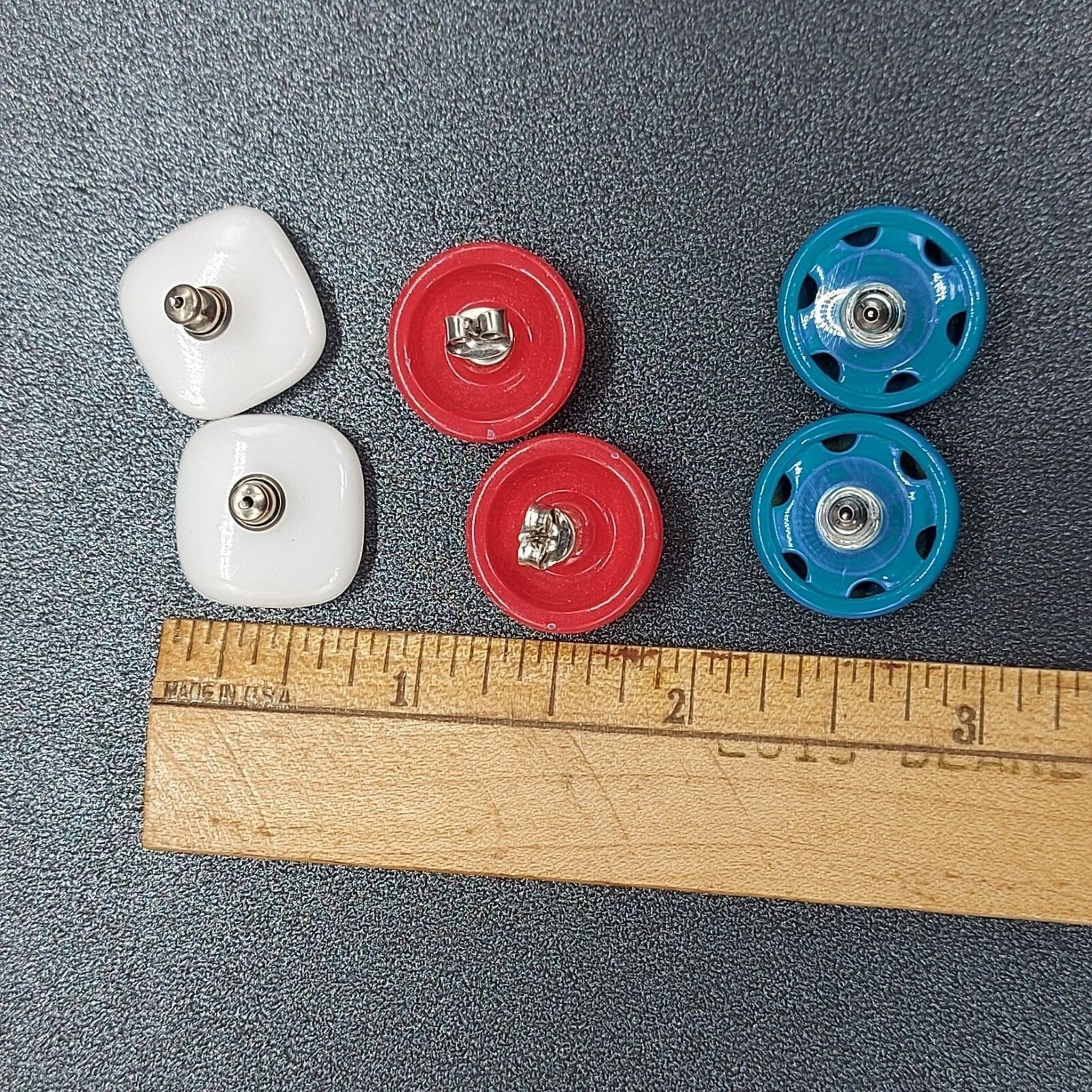 Vintage Lot of 3 Pierced Earrings Red White Blue Studs Square Circle 3/4"
