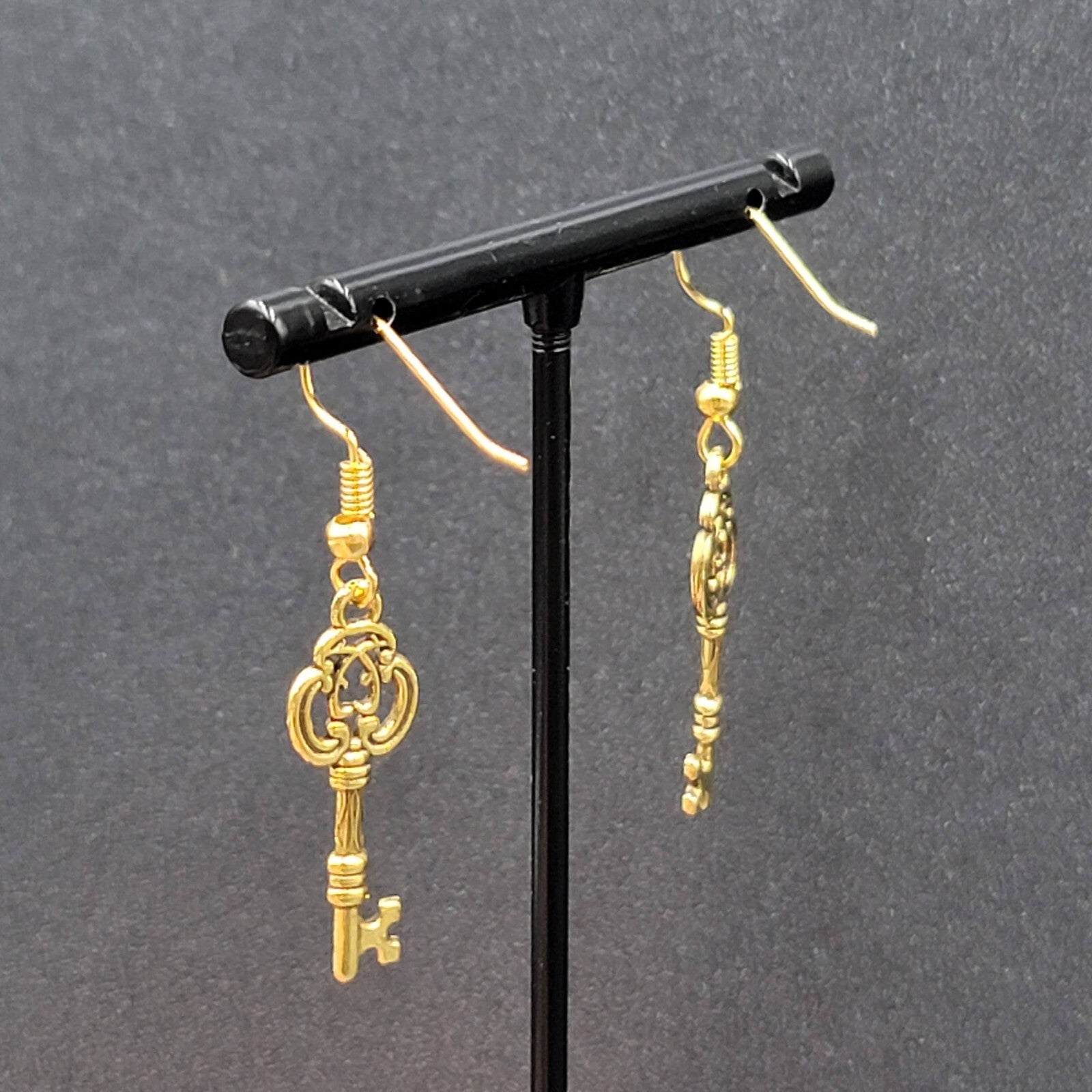 Skeleton Key Pierced Earrings Gold Plated Dangle 1"