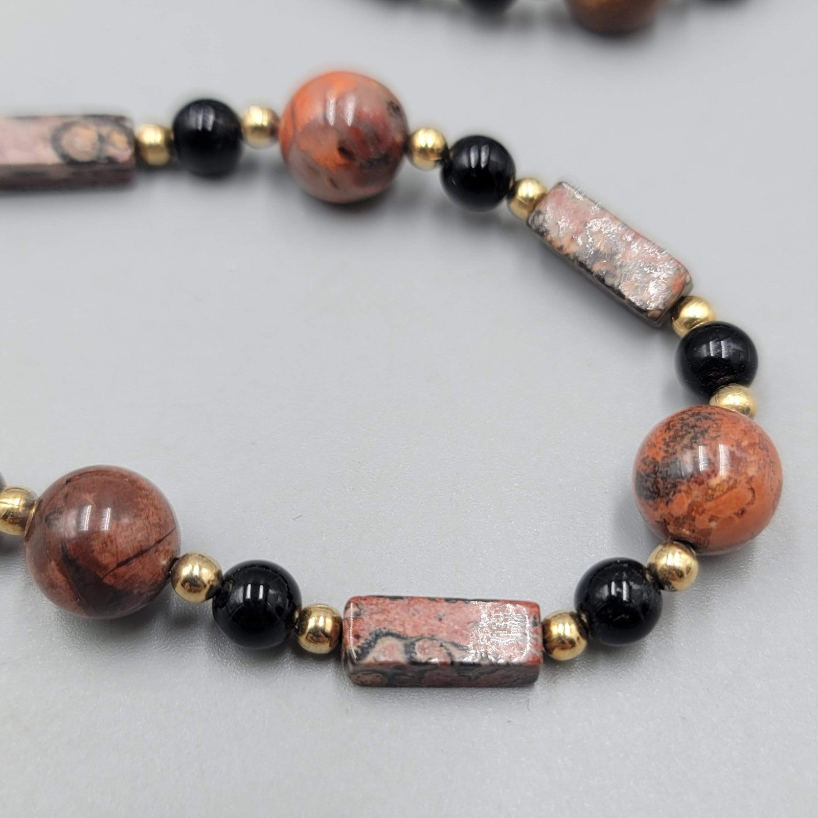 Leopard Skin Jasper Stone Bead Necklace Gold tone 30 in