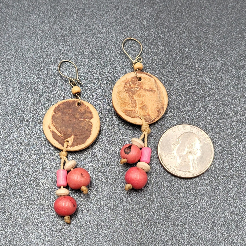 Vintage Pierced Earrings Hand Painted Carved Coconut Pink Bead Dangle 2.25"