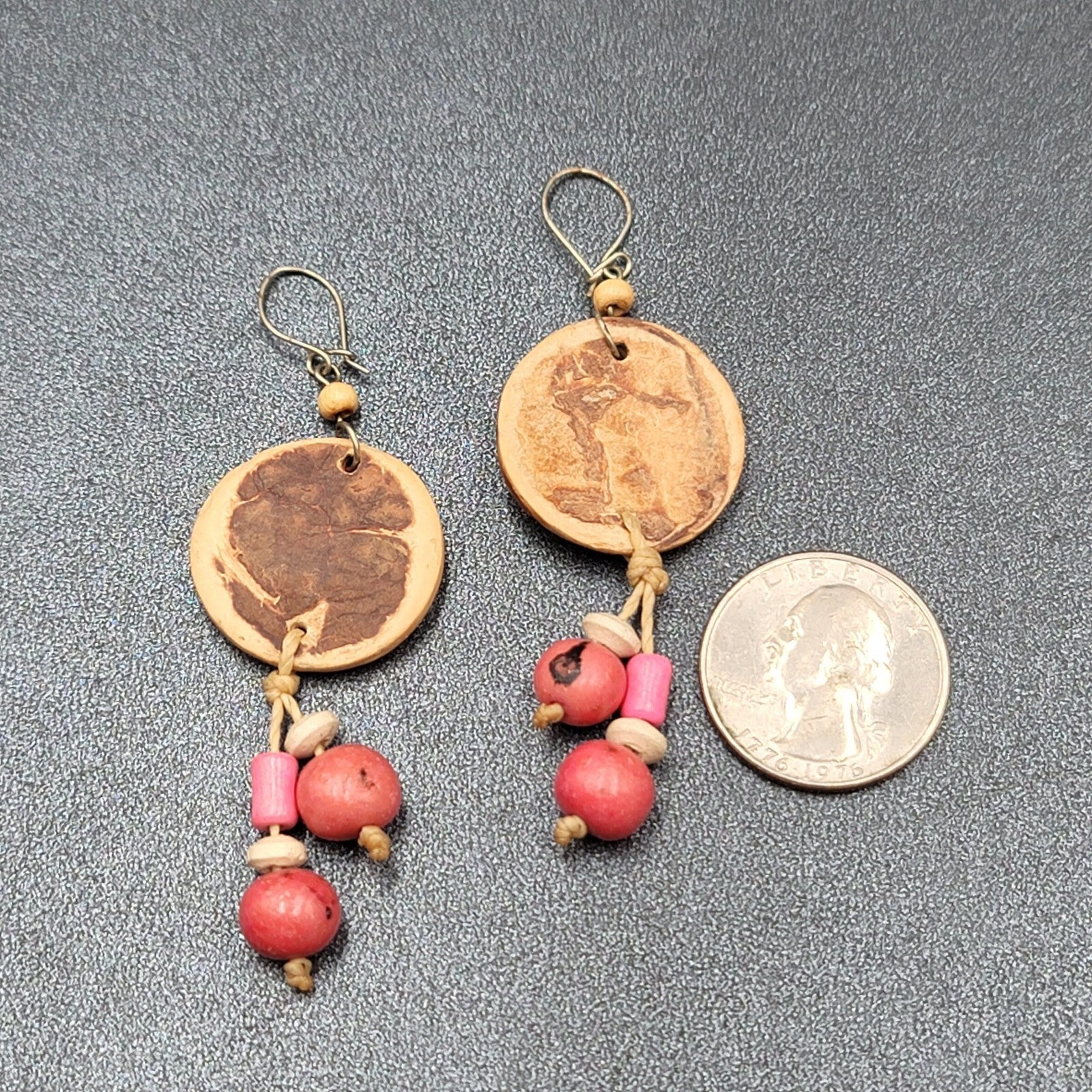 Vintage Pierced Earrings Hand Painted Carved Coconut Pink Bead Dangle 2.25"