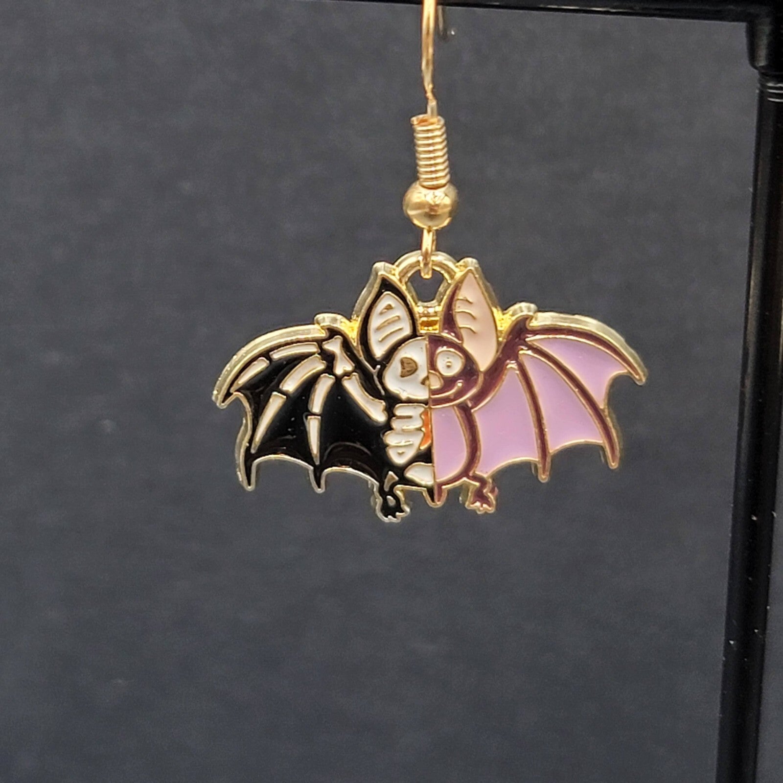 Zombie Bat Pierced Earrings Halloween Half Skeleton Enamel Dangle 3/4"