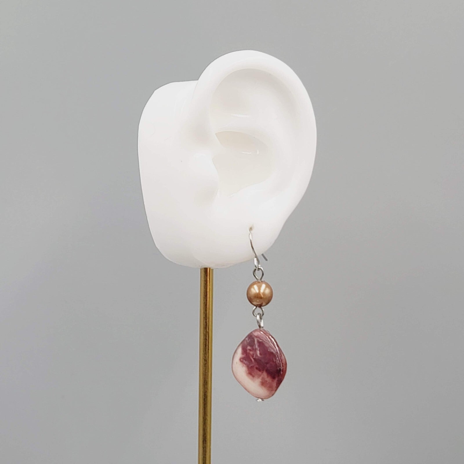Purple Shell Pearl Bead Pierced Earrings Silver tone Dangle 1.5"
