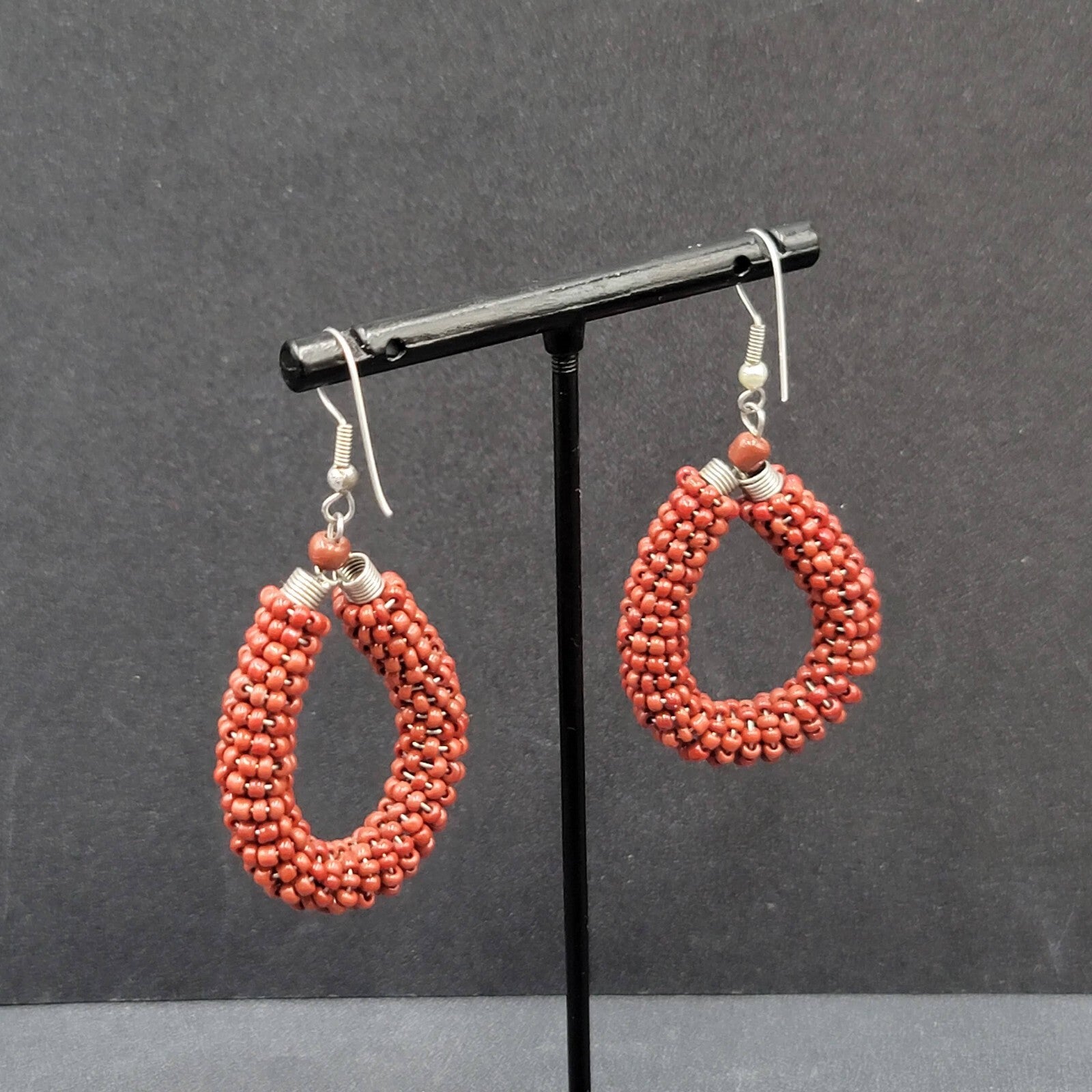 Pierced Earrings Brown Seed Bead Teardrop Hoops Dangle Silver tone 1.5"