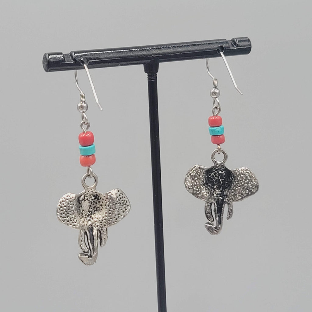 Elephant Bead Pierced Earrings Dangle Silver tone 1.5"