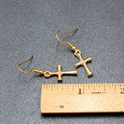 Cross Pierced Earrings Gold tone Dangle 3/4"