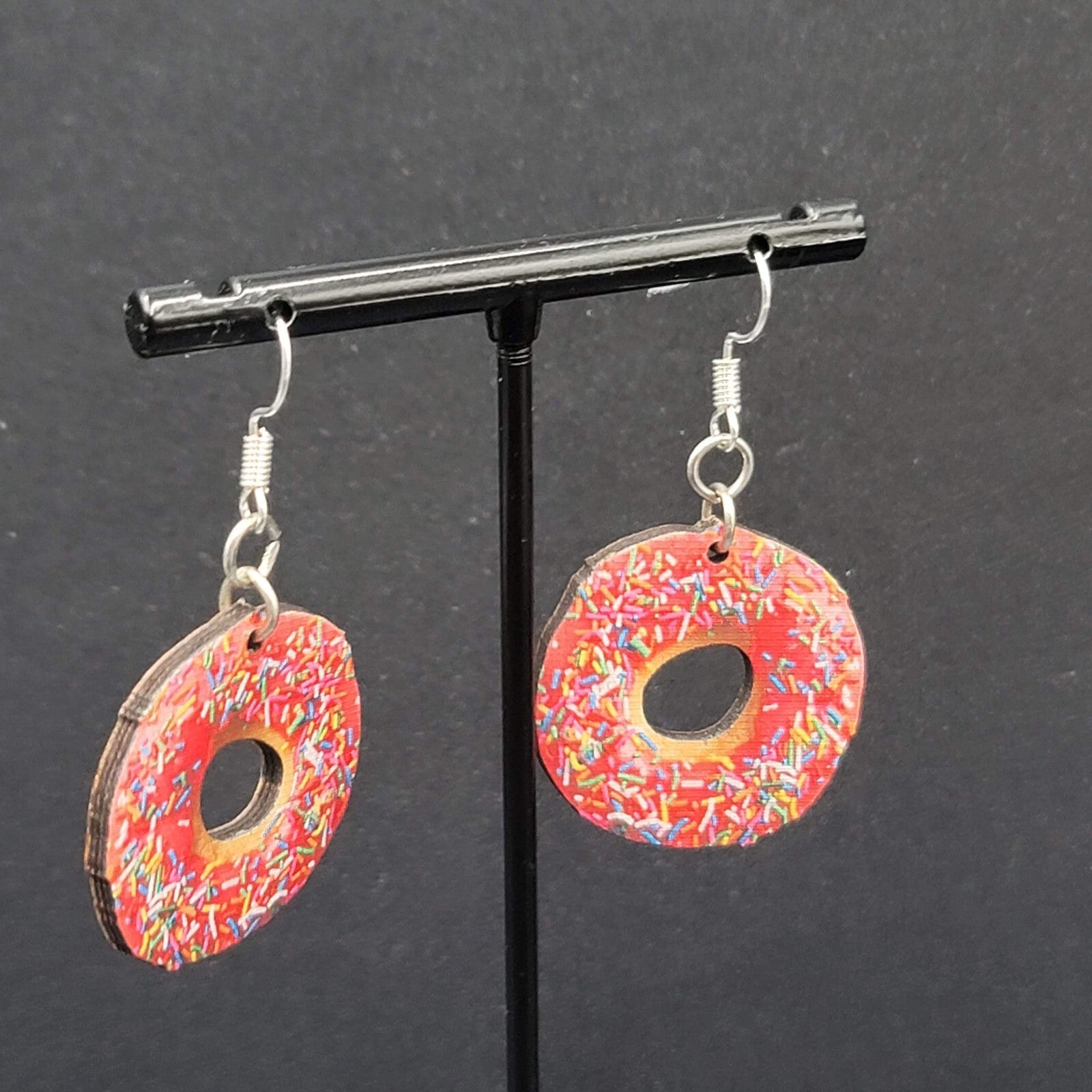 Pierced Earrings Pink Sprinkle Donuts Wood Dangle 1"
