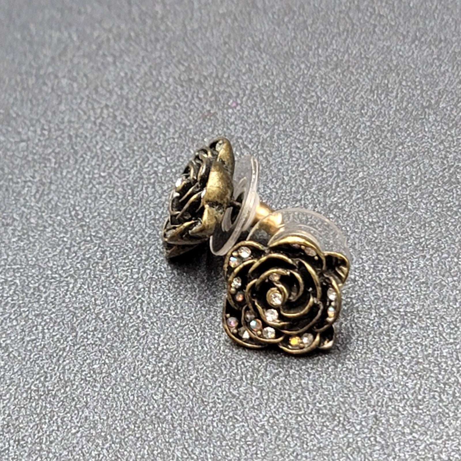 Pierced Earrings Antiqued Gold tone AB Crystal Flower Rose Studs 1/2"