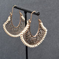New Boho Pierced Earrings Bronze tone Open Work White Thread Hoops Dangle 1.75"