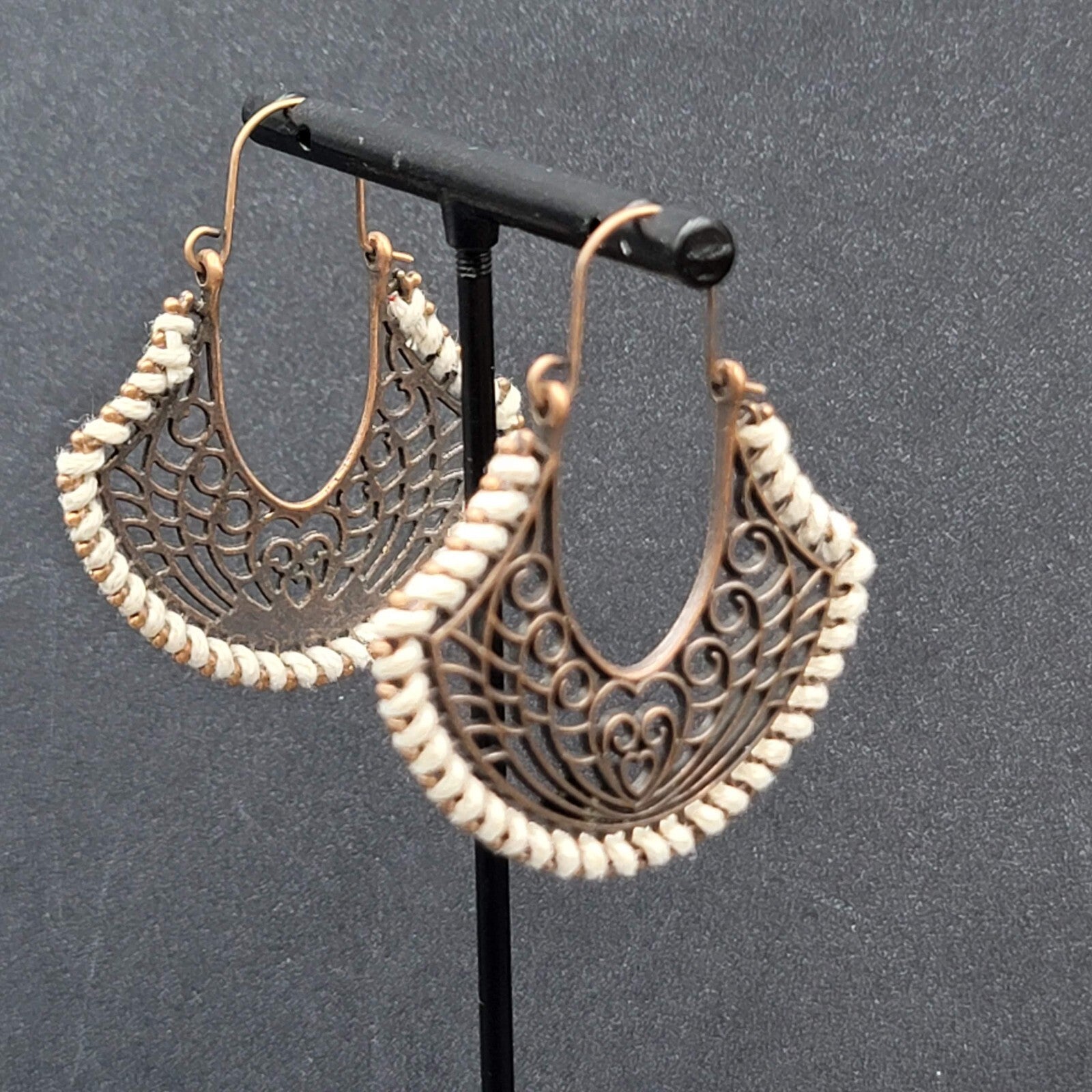 New Boho Pierced Earrings Bronze tone Open Work White Thread Hoops Dangle 1.75"