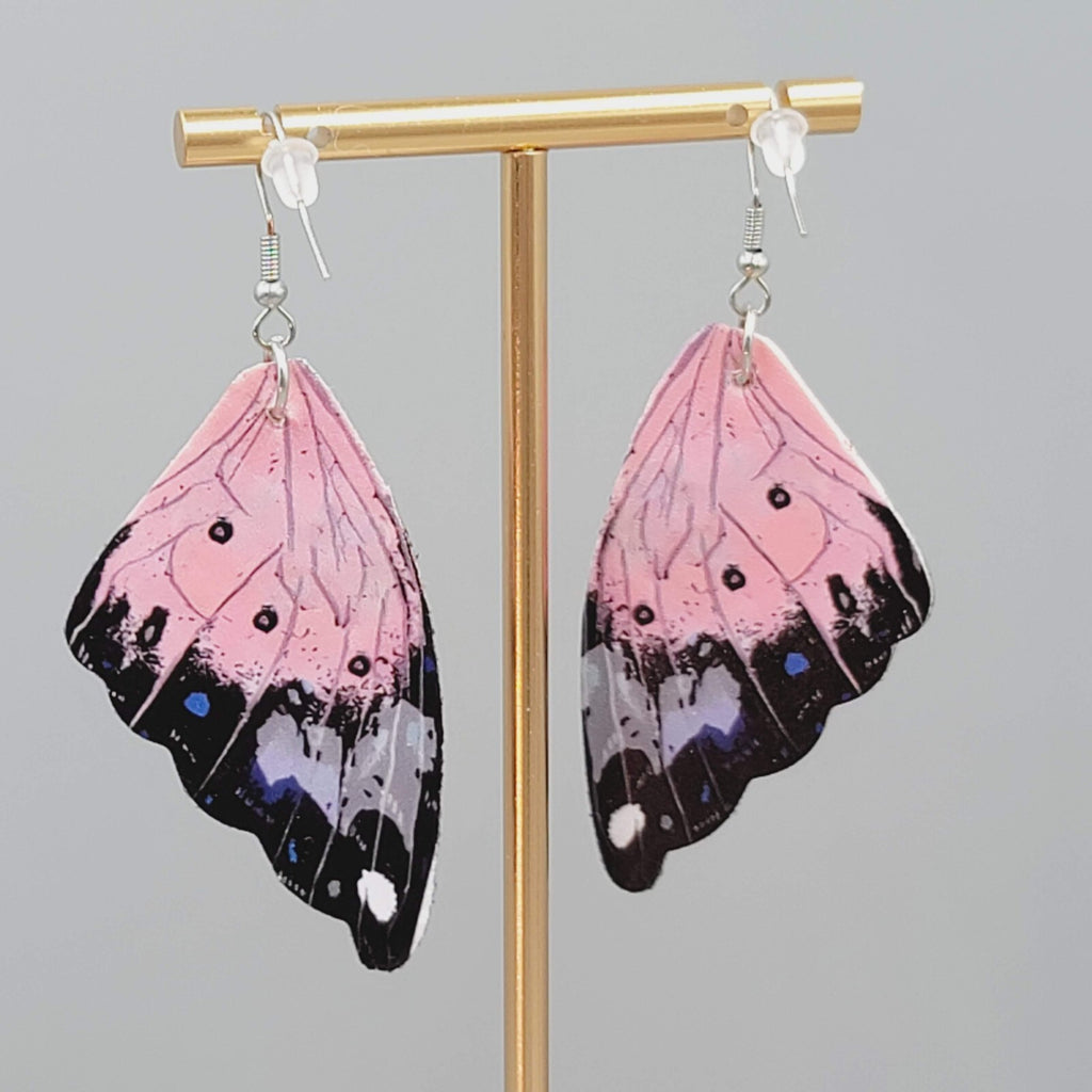 Butterfly Wing Pierced Earrings Pink Purple Statement Dangle 2.25"