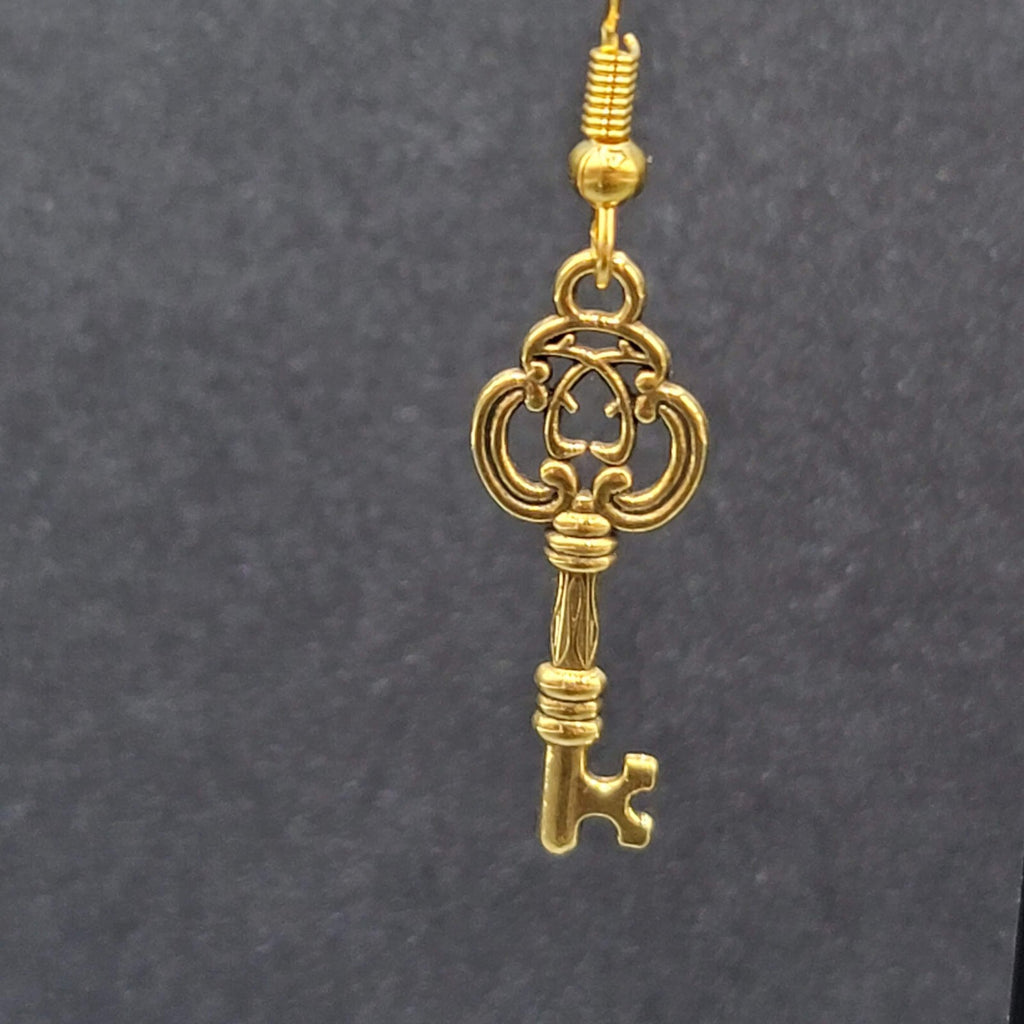 Skeleton Key Pierced Earrings Gold Plated Dangle 1"