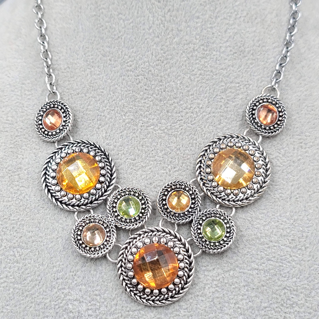 Premier Designs Necklace Silver tone Orange Green Rhinestones Bib 16"-20"