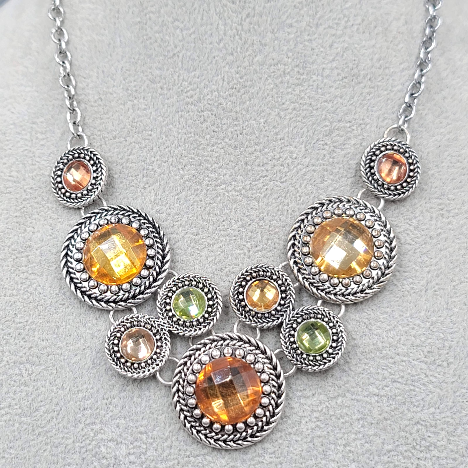 Premier Designs Necklace Silver tone Orange Green Rhinestones Bib 16"-20"