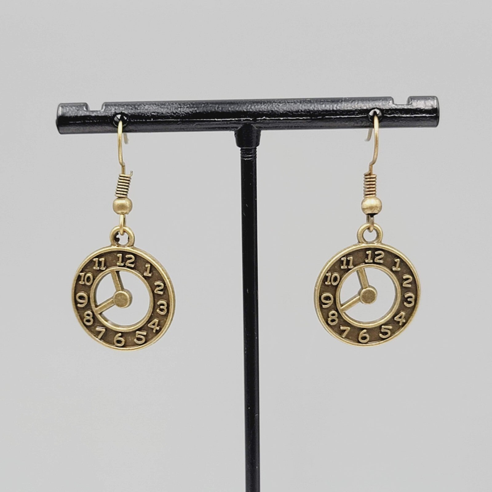 Clock Pierced Earrings Bronze tone Open Work Embossed Dangle New 7/8"