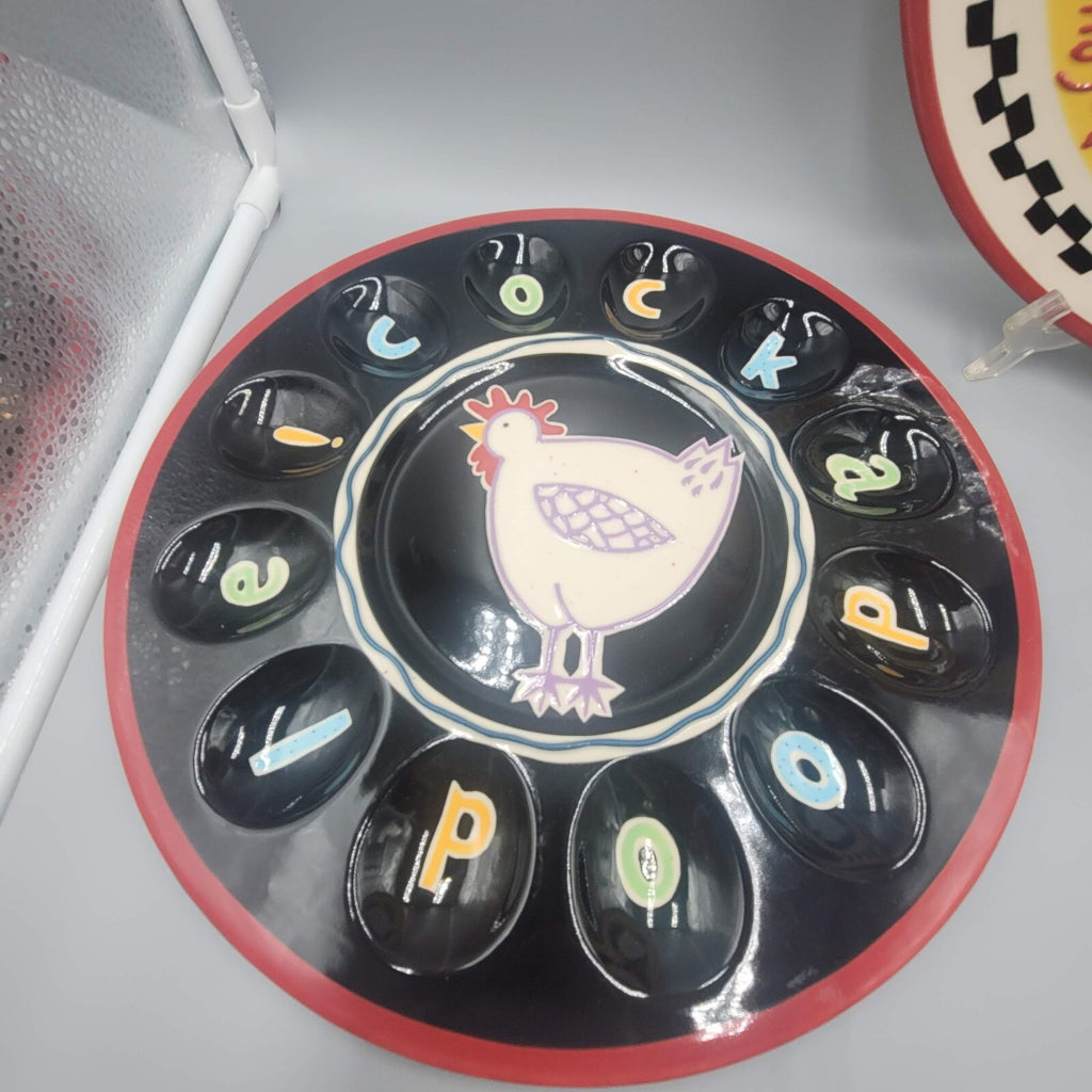 2 COCKADOODLE! Becky Denny Deviled Egg Platter Tray 12" Chicken SOUTHERN LIVING