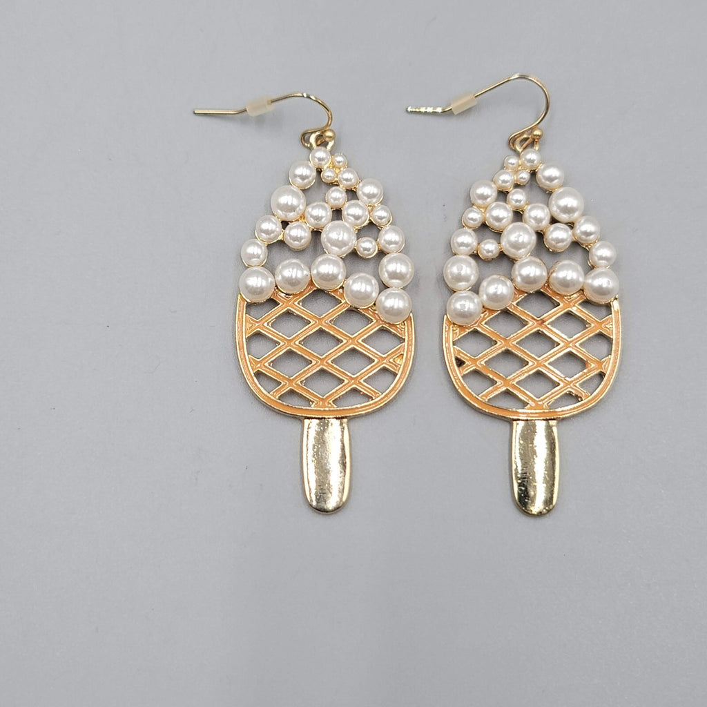 Dessert Ice Cream Bar Pierced Earrings Gold tone Dangle Faux Pearl 2.25"