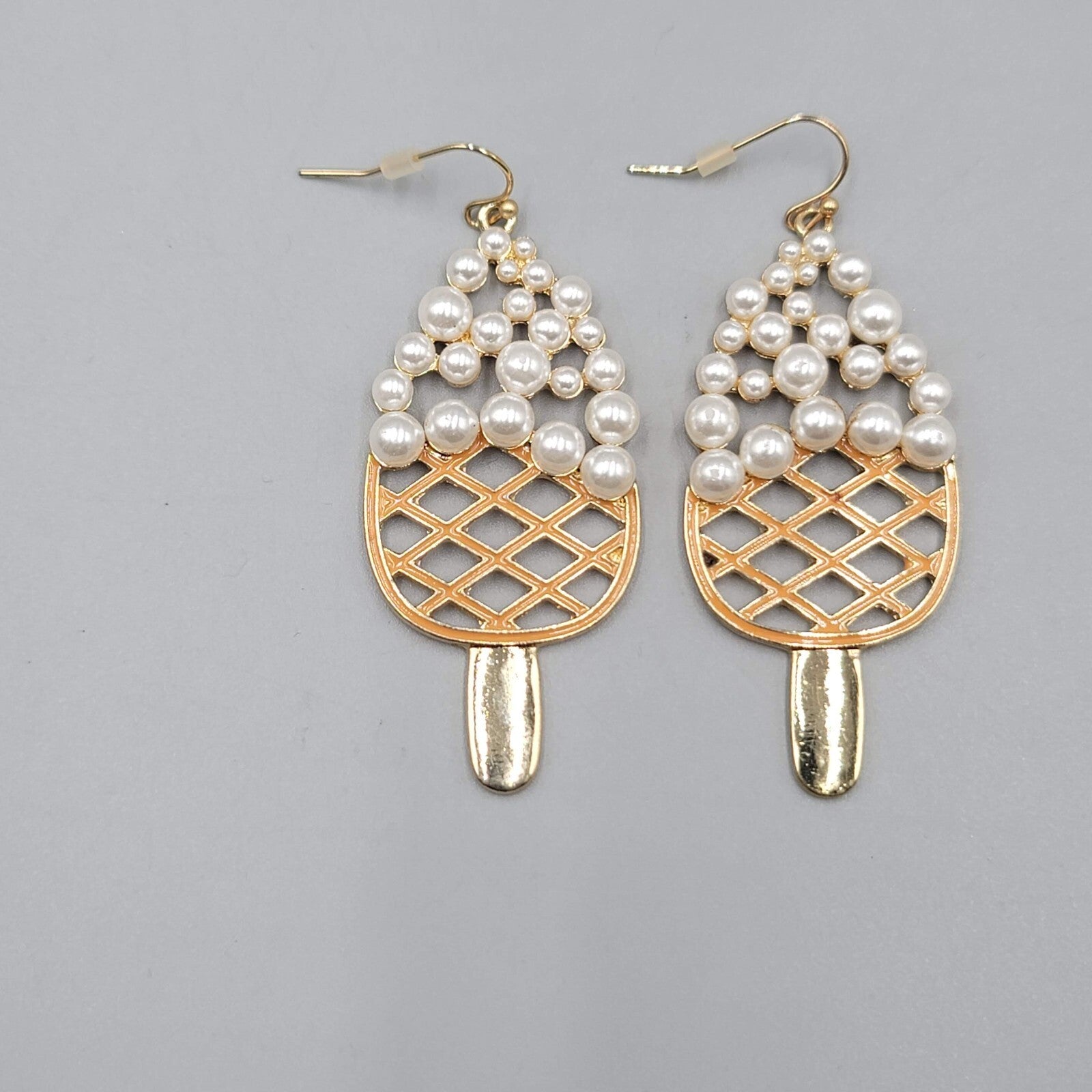 Dessert Ice Cream Bar Pierced Earrings Gold tone Dangle Faux Pearl 2.25"